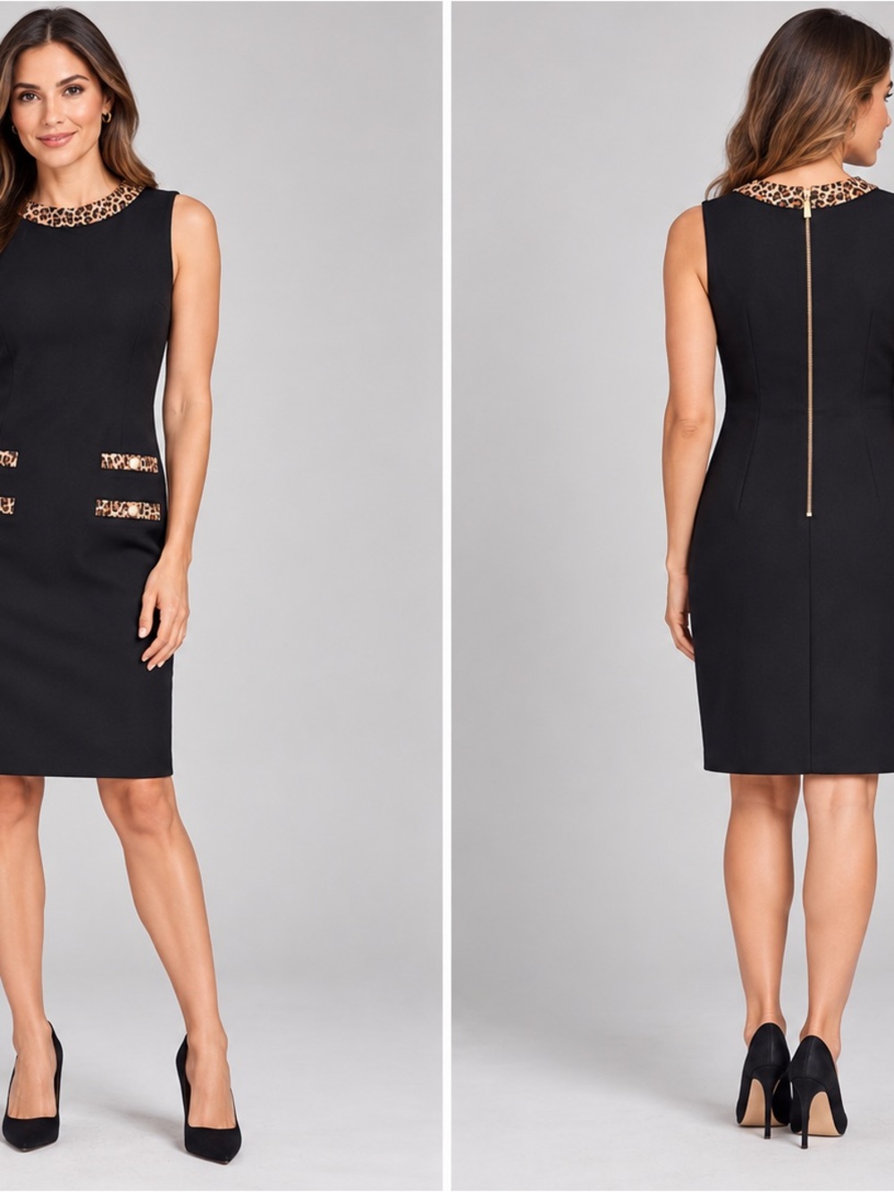 Talbots Black Sleeveless Sheath Dress with Leopard-Trim